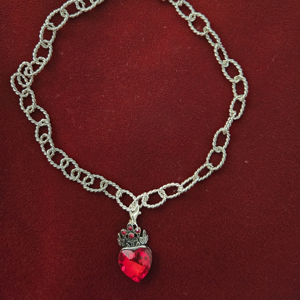 Silver Chain Necklace With Red Heart Pendant